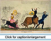 1839 satirical drawing on the escalation of tensions during the “Bloodless” Aroostook War. The artist here ridicules the combative elements on both sides. President Van Buren sits astride an ox with Maine Governor Fairfield's head, wielding a sword and a shield emblazoned with a cabbage. The ox confronts a dog with the head of the Duke of Wellington, ridden by England's Queen Victoria, also armed with sword and shield. In the background British and American troops face each other across an open plain, while men fell timber in between. Lithograph with watercolor on wove paper.