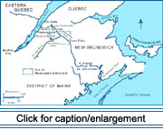 Map showing the "Madawaska Settlement" region and the areas in what is present-day Quebec and New Brunswick from which the first settlers immigrated.