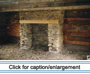 The fireplace in the Roy house has been reconstructed with a hemlock beam lintel, a typical feature in many eary fireplaces. The lintel, which held up the stones over the fireplace opening, was high enough to escape direct flames and was first soaked in brine to render it fire resistant.