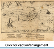 This engraving of the French settlement on Isle Sainte-Croix was created by Samuel de Champlain during the summer of 1604.